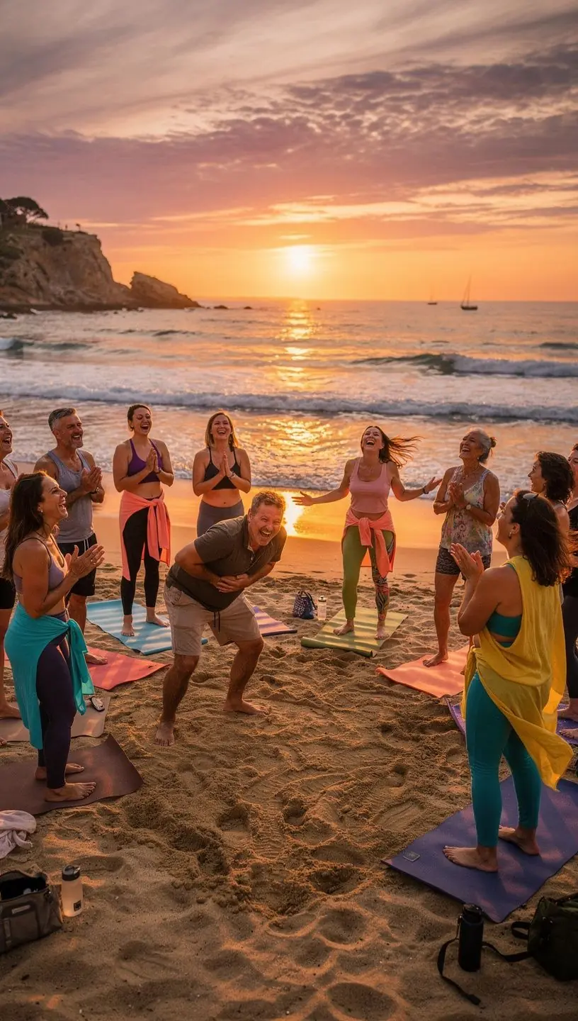 Grupo de personas realizando ejercicios de yoga al amanecer, mostrando sonrisas y un ambiente de armonía.
