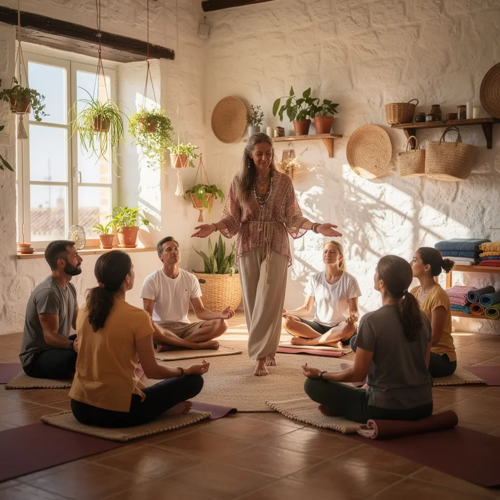 Practicante de yoga en una postura de meditación, rodeado de naturaleza, reflejando gratitud y paz interior.