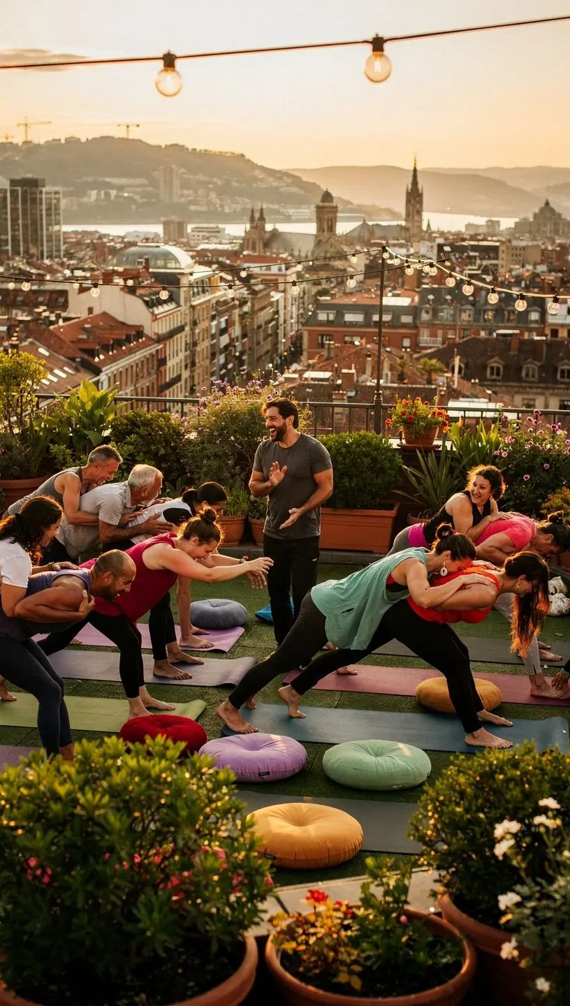 Grupo de personas realizando una secuencia de yoga al amanecer, con sonrisas que reflejan una mentalidad positiva.