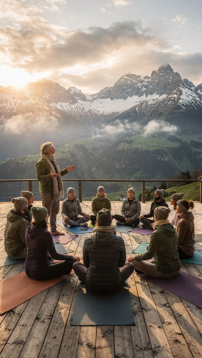 Grupo de personas realizando una secuencia de yoga al amanecer, con sonrisas que reflejan una mentalidad positiva.