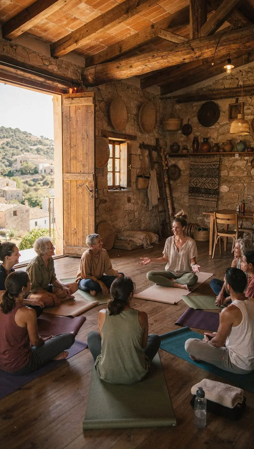 Grupo de personas realizando una secuencia de yoga al amanecer, con sonrisas que reflejan una mentalidad positiva.