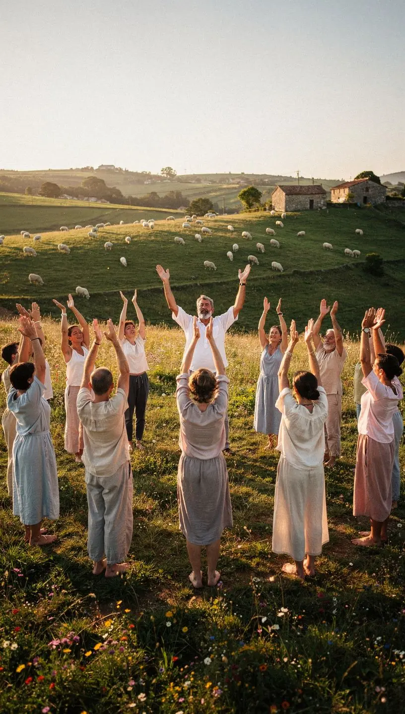 Grupo de personas realizando una secuencia de yoga al amanecer, con sonrisas que reflejan una mentalidad positiva.