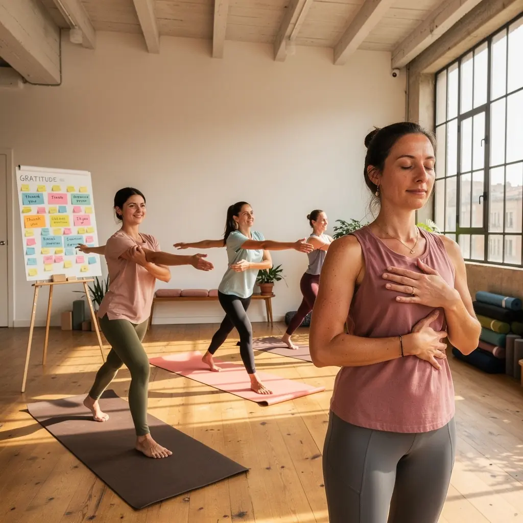 Grupo de personas realizando una secuencia de yoga al amanecer, con sonrisas que reflejan una mentalidad positiva.