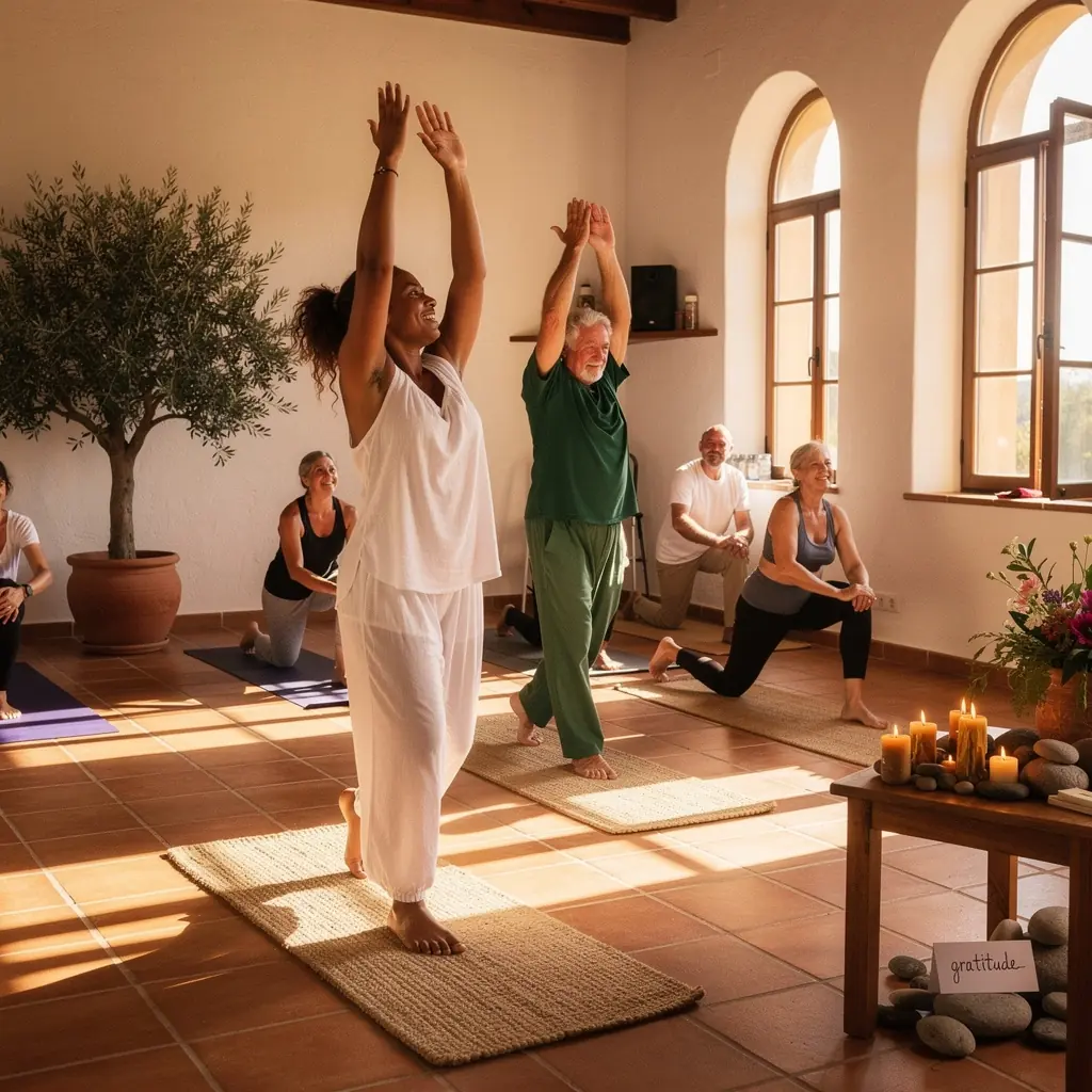 Practicante de yoga en una postura de meditación, rodeado de naturaleza, con una expresión de paz y gratitud.
